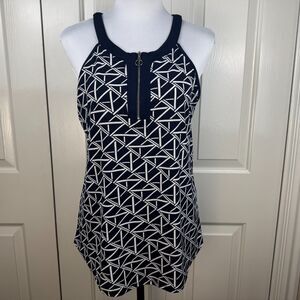 Naif Women Halter Top Size M Navy White Geometric Print Sleeveless Zip Front
